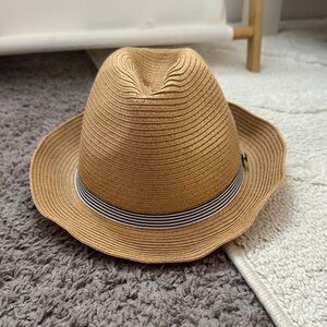Women’s Tan Straw Fedora with Blue-and-White Stripe Band